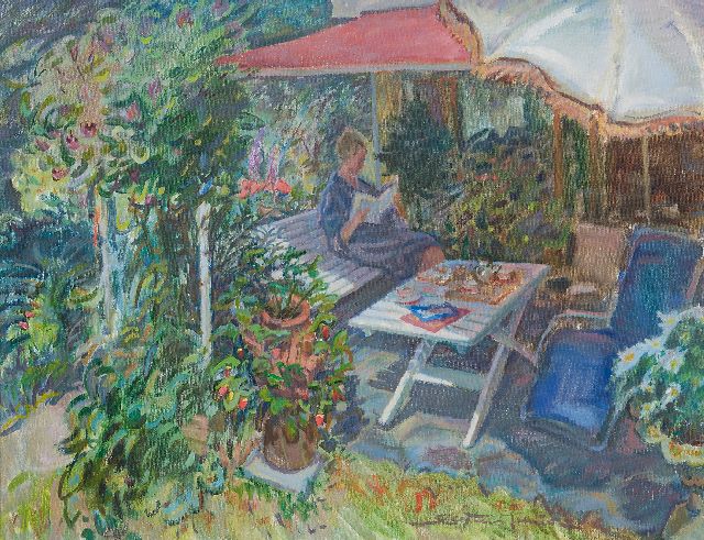 Sluijters jr. J.  | Sonnige Gartenterrasse mit der Frau des Malers, Öl auf Leinwand 50,3 x 65,3 cm, Unterzeichnet r.v.d.M.