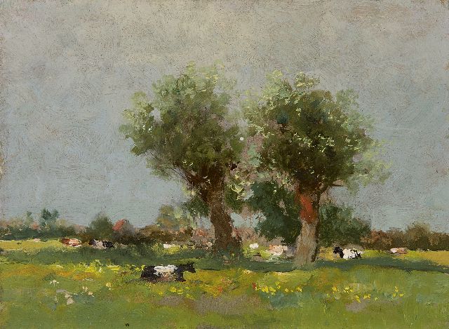 Weissenbruch W.J.  | Cows in a landscape, Öl auf Holzfaser 17,8 x 23,9 cm