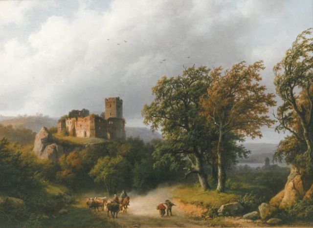 Barend Cornelis Koekkoek | Travelers ignoring the storm in a German landscape, Öl auf Holz, 34,7 x 47,5 cm, Unterzeichnet r.u. und datiert 1857