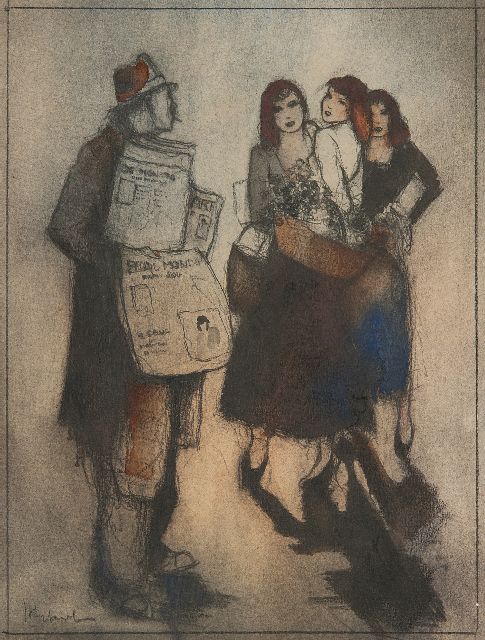 Jan Rijlaarsdam | Zeitungsverkäufer und Blumenmädchen, Paris, Schwarze Kreide und Aquarell auf Papier, 26,4 x 19,9 cm, Unterzeichnet l.u.