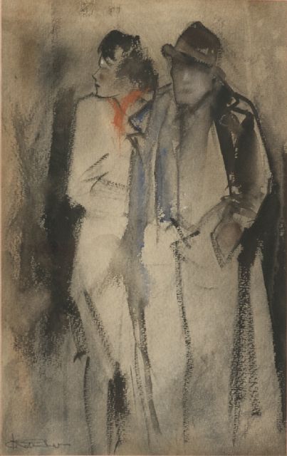 Jan Rijlaarsdam | Mann und Frau am Abend, Kreide und Aquarell auf Papier, 38,6 x 27,2 cm, Unterzeichnet l.u.