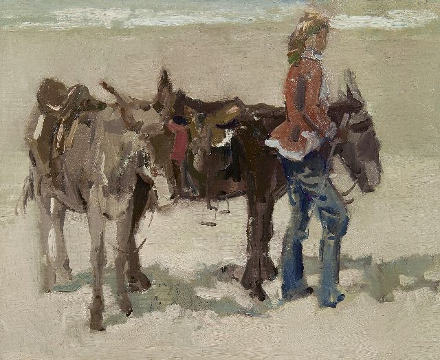 Hessel de Boer | A girl with donkeys on a beach, Öl auf Leinwand, 46,0 x 55,8 cm