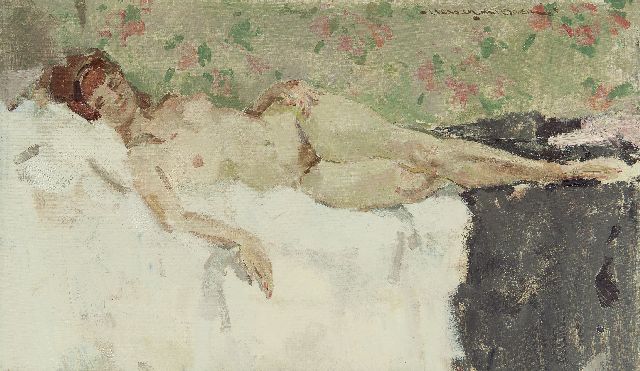 Hessel de Boer | Reclining nude, Öl auf Leinwand, 50,0 x 85,1 cm, signed u.r.