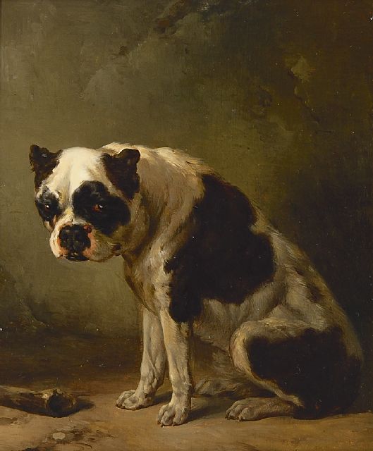 Wouterus Verschuur | Sitzender Bulldogge, Öl auf Tafel, 10,2 x 19,6 cm