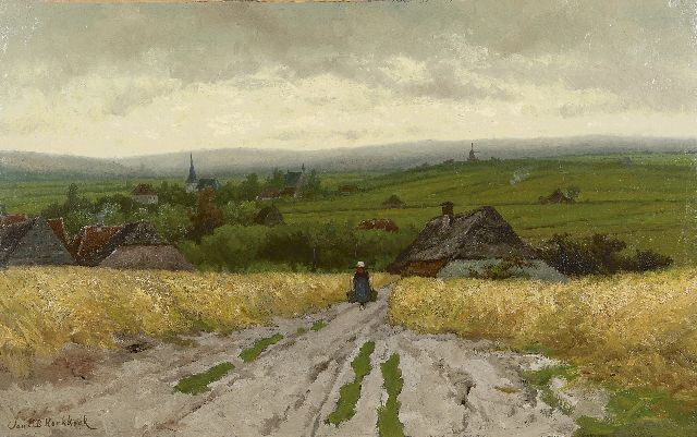 Koekkoek J.H.B.  | Panoramic landscape with a country woman on a path, Öl auf Leinwand 64,3 x 102,4 cm, signed l.l.