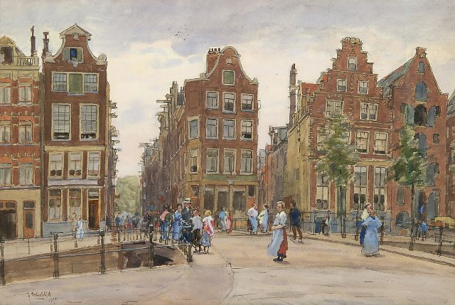 Bobeldijk F.  | Die Geldersekade mit der Bantammerbrug, Amsterdam, Aquarell auf Papier 43,6 x 64,4 cm, Unterzeichnet l.u. und datiert 1917