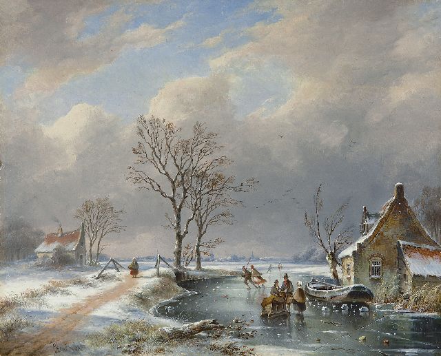 George Henry Hendriks | Winterlandschaft mit Schlittschuhläufern und Schlitten, Öl auf Holz, 29,2 x 36,3 cm, Unterzeichnet l.u.