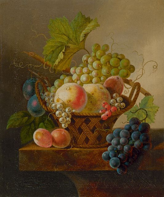 Johannes Cornelis de Bruyn | Stilleben mit Trauben und Pfirsichen in einem Korb, Öl auf Leinwand, 43,8 x 36,0 cm, Unterzeichnet r.u.