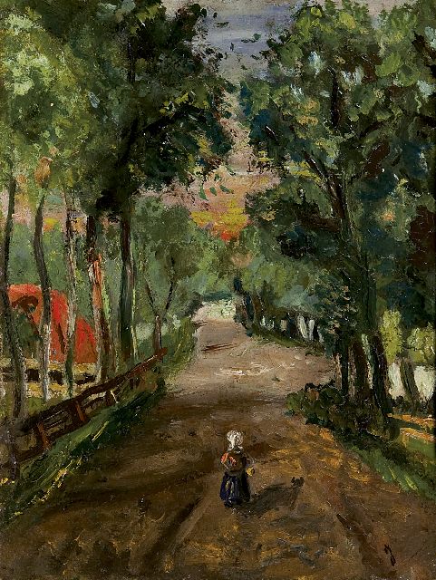 Koningin Juliana van Oranje-Nassau | A forest path with a girl, Öl auf Holzfaser, 18,7 x 13,9 cm, signed l.r. with initial