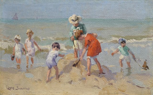 Louis Soonius | Children playing at the beach, Öl auf Leinwand  auf Holzfaser, 8,7 x 13,8 cm, signed l.l.