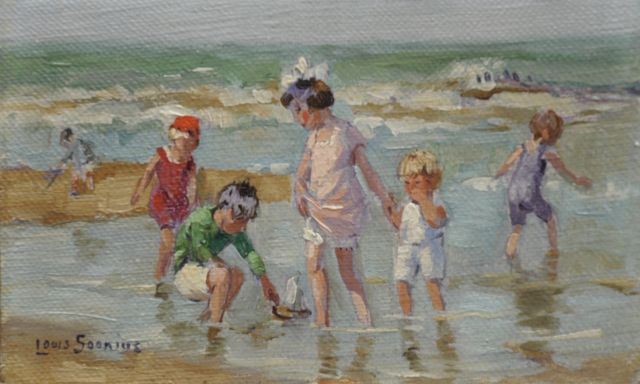 Louis Soonius | Children paddling along the beach, Öl auf Leinwand  auf Holzfaser, 8,8 x 13,9 cm, signed l.l.