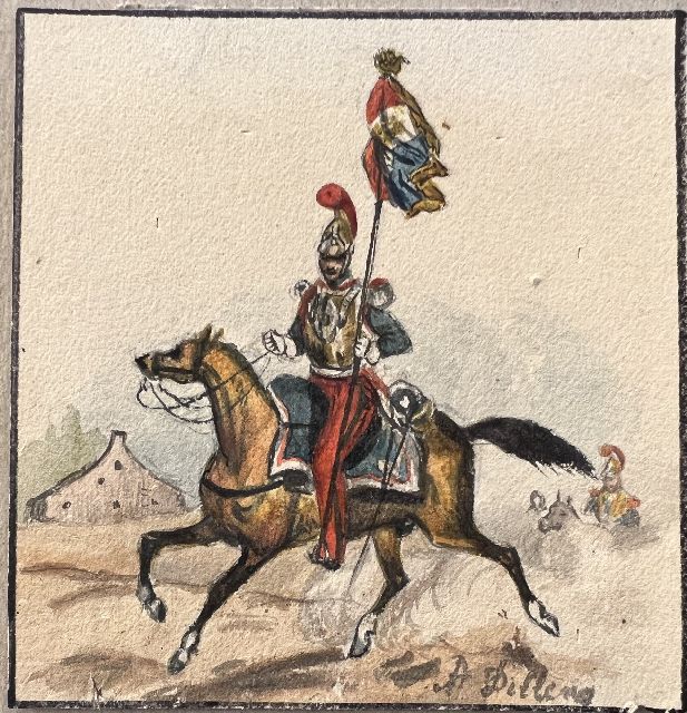 Dillens A.A.  | Cavalerist, Aquarell auf Papier 8,7 x 8,4 cm, gesigneerd r.o.