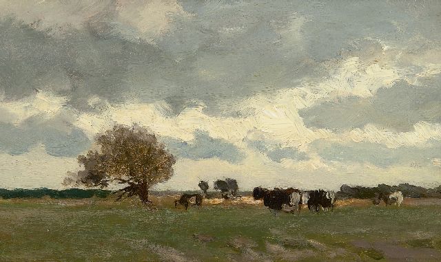 Jan Hendrik Weissenbruch | A Dutch landscape with cows in a meadow, Öl auf Tafel, 15,0 x 25,1 cm