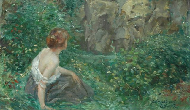 Jan Schreuder van de Coolwijk | Elegant young woman, resting in the woods, Öl auf Holz, 15,9 x 26,1 cm, signed l.r.