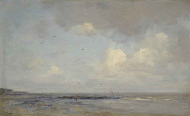 Jacob Maris | A view of a beach with a shrimper, Öl auf Leinwand, 49,4 x 78,1 cm, signed l.l.