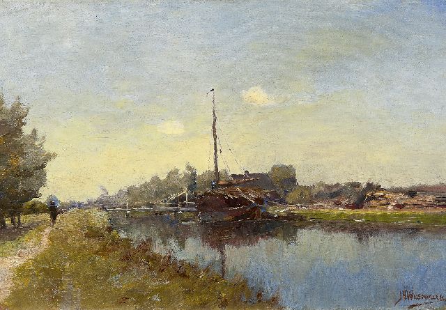 Jan Hillebrand Wijsmuller | A ship moored in a canal, Öl auf Leinwand auf Holz, 33,8 x 49,0 cm, signed l.r.