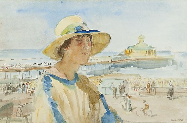 Isaac Israels | Frau am Strand von Scheveningen, Aquarell auf Papier, 32,5 x 50,0 cm, Unterzeichnet r.u.