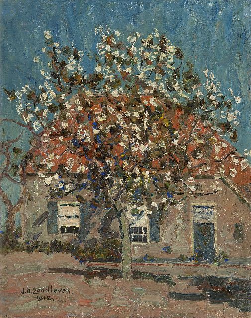 Jan Adam Zandleven | Blühender Obstbaum vor einem Bauernhof, Öl auf Leinwand auf Holz, 40,2 x 32,1 cm, Unterzeichnet l.u. und datiert 1912