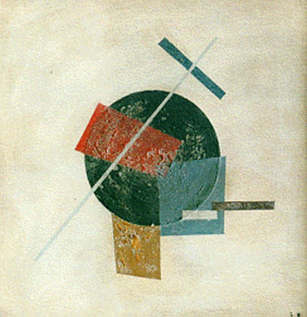 Ladislau Kroha | Suprematische compositie in zwart/geel/rood/blauw, Öl auf Holz, 25,2 x 25,0 cm, gesigneerd r.o. mon