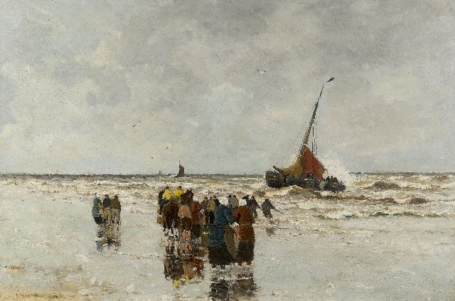 Morgenstjerne Munthe | Fisherfolk waiting on the beach, Öl auf Leinwand, 61,1 x 92,0 cm, signed l.l. and on left border und dated 1926