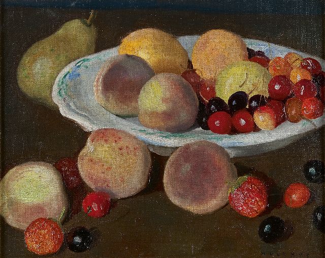 Josef Multrus | A fruit still life with peaches and cherries, Öl auf Leinwand, 25,7 x 31,5 cm, signed l.r.