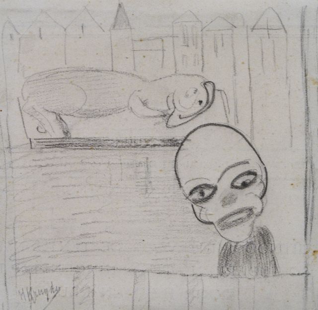 Herman Kruyder | Clown und Tier, Schwarze Kreide auf Papier, 10,0 x 10,2 cm, Unterzeichnet l.u.
