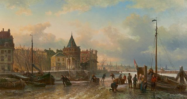 Elias Pieter van Bommel | Eisfreude bei dem Schreiersturm, Amsterdam, Öl auf Leinwand, 54,3 x 100,4 cm, Unterzeichnet l.u. und datiert 1883
