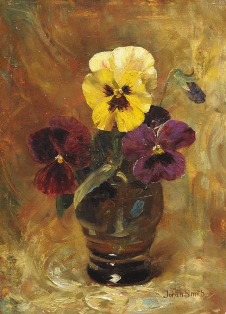 Smith J.  | Pansies in a glass, Öl auf Holz 24,2 x 16,9 cm, signed l.r.