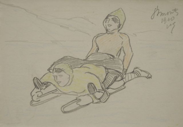 Willy Sluiter | Two on the bobsled, Bleistift und Farbbleistift auf Papier, 11,3 x 16,2 cm, signed u.r. with initials und dated 1910