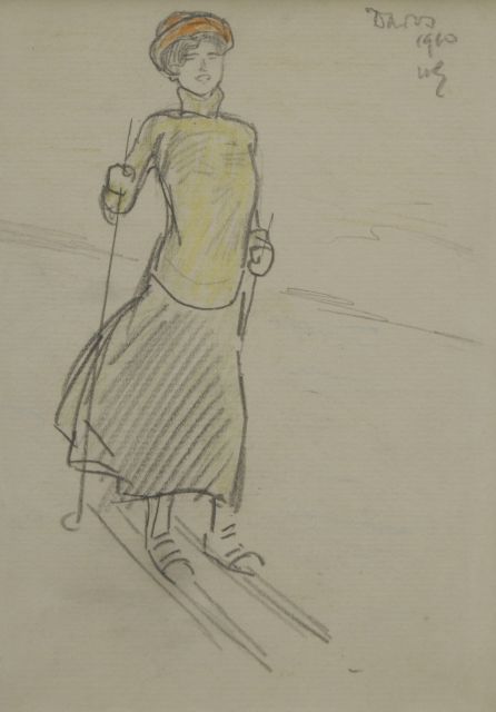 Sluiter J.W.  | A woman skiing, Davos, Bleistift und Farbbleistift auf Papier 16,2 x 11,2 cm, signed u.r. with initials und dated 1910