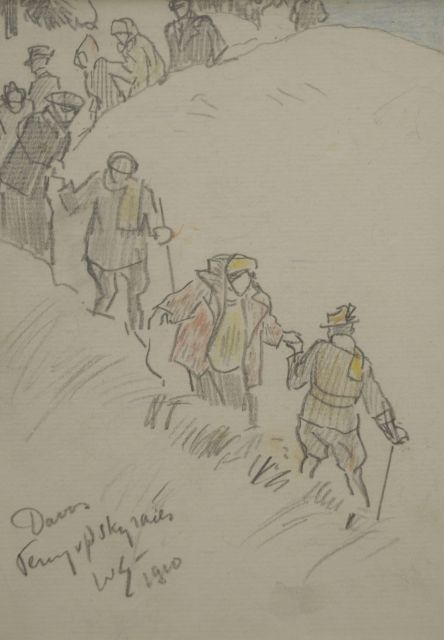 Willy Sluiter | Returning from the ski races, Davos, Bleistift und Farbbleistift auf Papier, 17,2 x 12,6 cm, signed l.l. with initials und datedm 1910