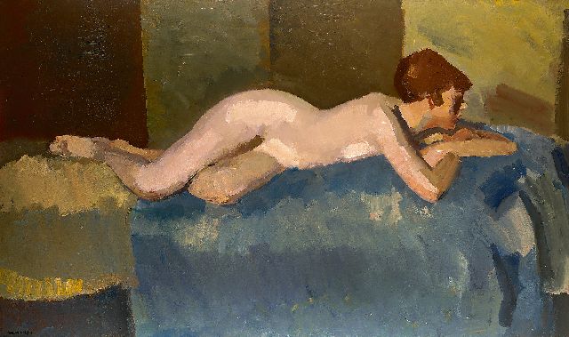 Kees Maks | Ruhender weiblicher Akt auf Sofa, Öl auf Leinwand, 106,5 x 177,0 cm, Unterzeichnet l.u.