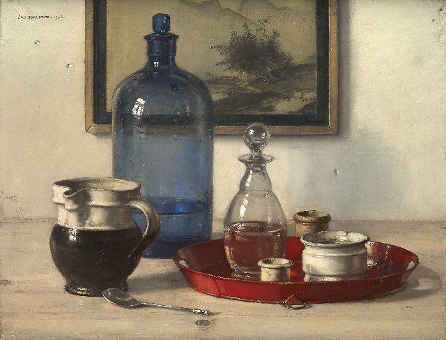 Jan Bogaerts | Stilleben mit blauer Flasche und Töpfchen, Öl auf Leinwand, 34,7 x 45,4 cm, Unterzeichnet u.l. und datiert 1943