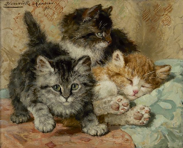 Henriette Ronner | Three cats, Öl auf Holz, 19,6 x 23,6 cm, signed u.l. und dated '96