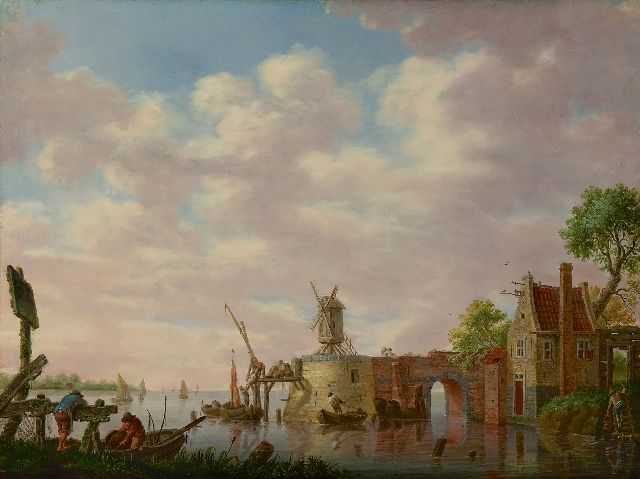 Heinrich Wilhelm Schweickhardt | Holländische Flusslandschaft mit Anglern, Öl auf Tafel, 30,8 x 42,2 cm, Unterzeichnet l.u. am Zaun