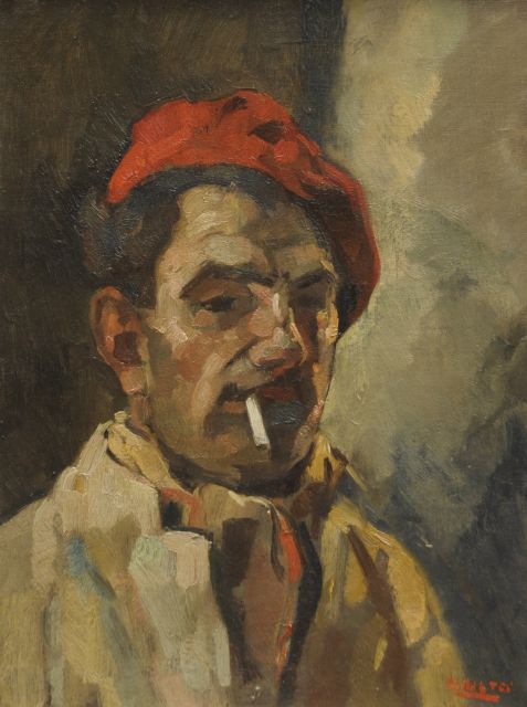 Cor Noltee | Selbstporträt des Künstlers mit rotem Barett, Öl auf Leinwand, 40,7 x 30,5 cm, Unterzeichnet r.u.