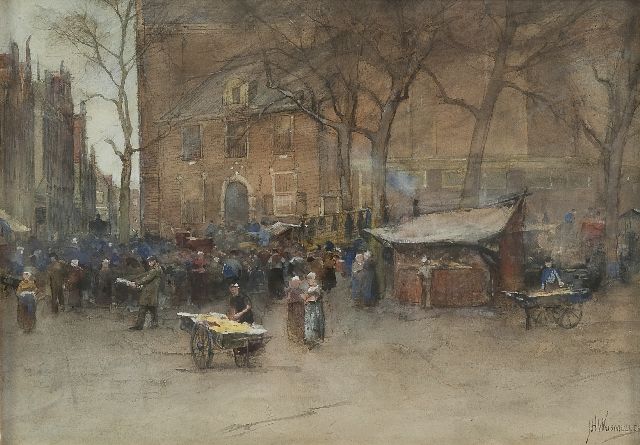 Jan Hillebrand Wijsmuller | The market near the Noorderkerk, Amsterdam, Bleistift und Aquarell auf Papier, 27,5 x 38,9 cm, signed l.r.