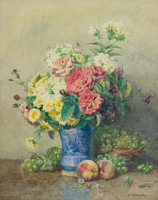 Rivoire F.  | Stilleben mit Rosen, Phloxen und Obst, Aquarell auf Papier 58,4 x 46,4 cm, Unterzeichnet u.r.