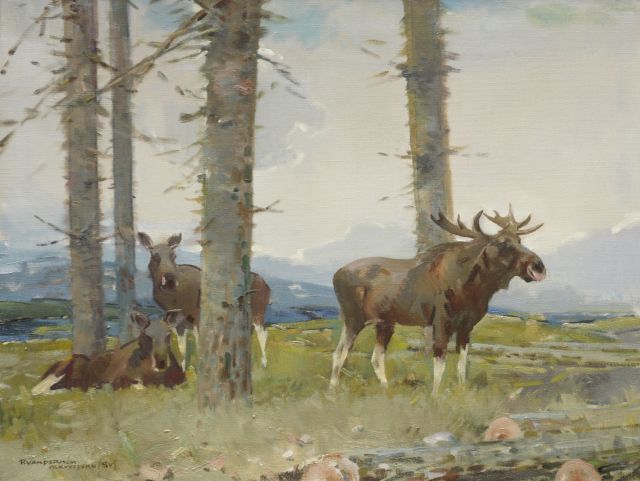Piet van der Hem | Elks near Alkvettern, Zweden, Öl auf Leinwand, 60,5 x 80,5 cm, signed l.l.