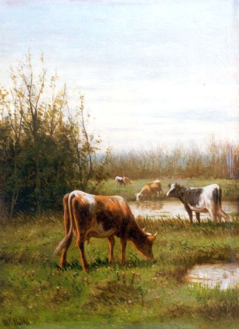 Willem Frederik Hulk | Cows in a meadow, Öl auf Holz, 20,2 x 15,2 cm, signed l.l.