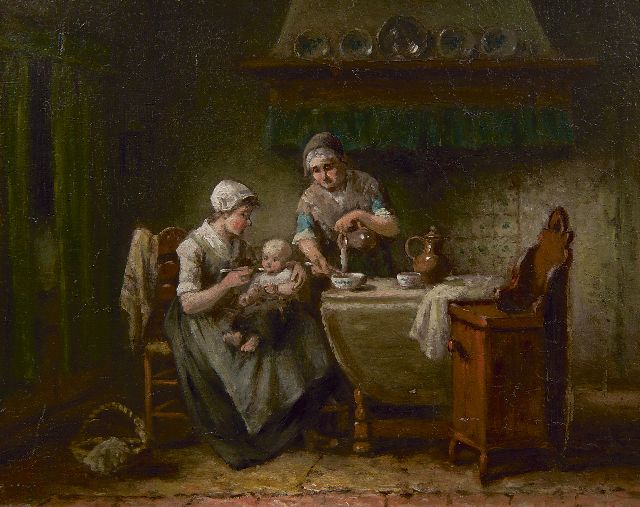 Damschreuder J.J.M.  | Bauernfamilie, Öl auf Holz 12,2 x 27,4 cm