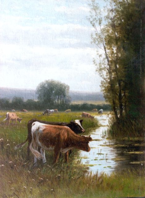 Willem Frederik Hulk | Cows on the riverbank, Öl auf Holz, 20,2 x 14,8 cm, signed l.l.
