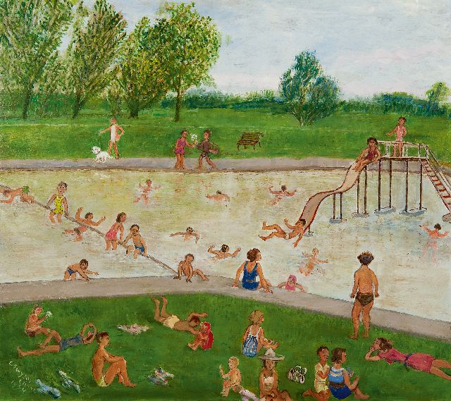 Christina Swijser-’t Hart | Schwimmbad im Sommer, Öl auf Holzfaser, 48,8 x 54,4 cm, Unterzeichnet l.u. und datiert 1964