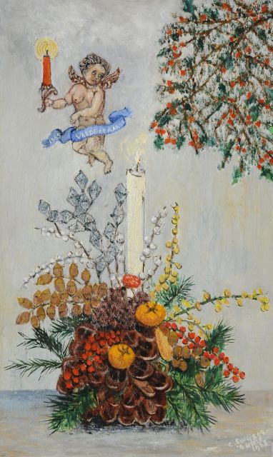 Christina Swijser-’t Hart | Weihnachtsgesteck und schwebender Engel, Öl auf Holzfaser, 54,0 x 32,5 cm, Unterzeichnet r.u. und datiert 1965