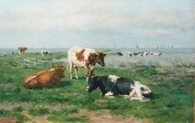 Herman Wolbers | Cows in a meadow, Öl auf Holz, 26,8 x 42,0 cm, signed l.r.