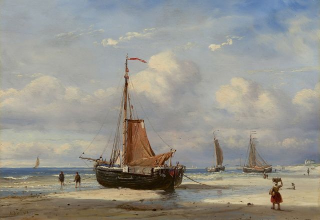 Petrus Paulus Schiedges | Fishing boats on the beach of Scheveningen, Öl auf Holz, 24,0 x 35,2 cm, signed l.l.