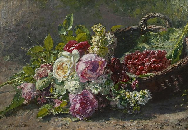 Anna Peters | Rosenstilleben und Himbeerkorb, Öl auf Leinwand, 42,8 x 60,1 cm, Unterzeichnet l.u. und zu datieren um 1880