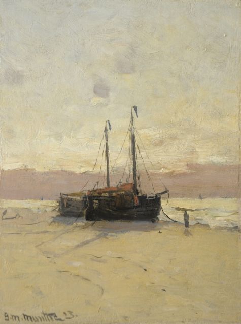 Morgenstjerne Munthe | 'Bom'kähne auf dem Strand, Öl auf Malereifaser, 25,3 x 19,2 cm, Unterzeichnet l.u. und datiert '23