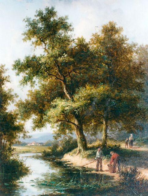 Jan Evert Morel II | Anglers in a forest landscape, Öl auf Holz, 18,1 x 13,8 cm, signed on the reverse und dated 1874