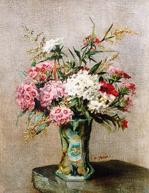 Sara Hense | A flower still life, Öl auf Leinwand auf Holz, 40,7 x 32,0 cm, signed u.r.